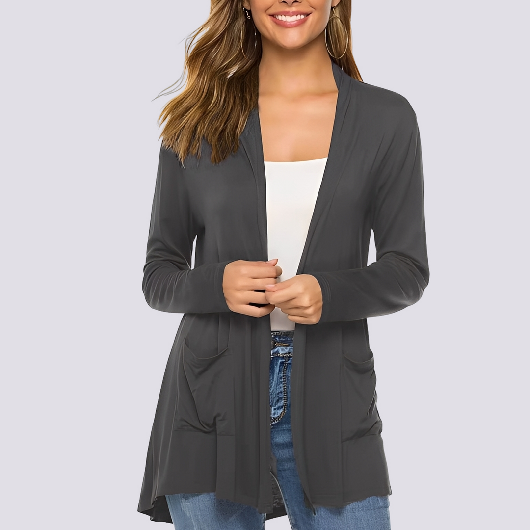 Jaqueta casual feminina confortável de manga longa, perfeita para o outono e primavera. Estilo versátil para o dia a dia.