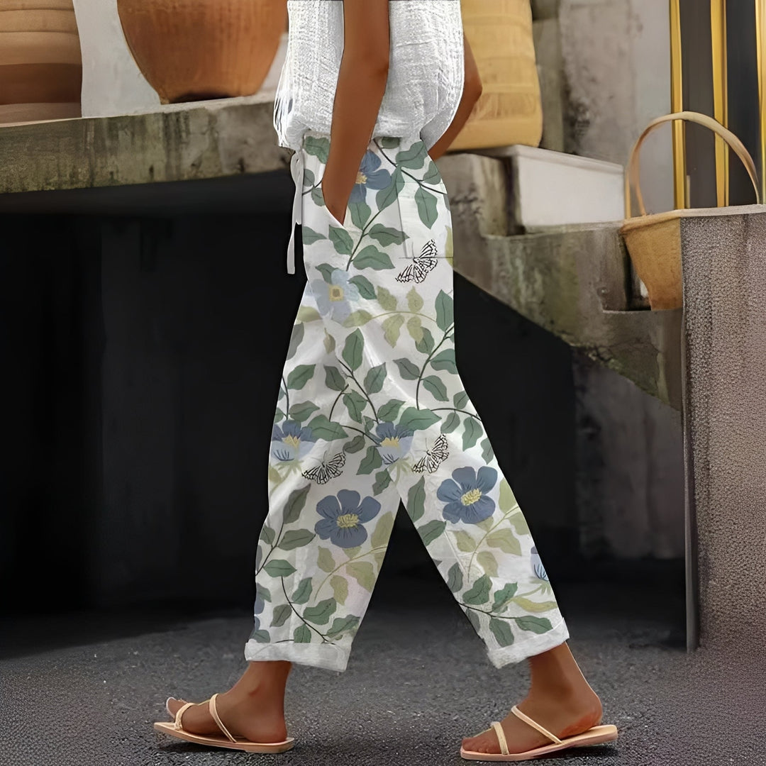 Calça feminina elegante de trabalho com bolsos, unindo conforto e estilo sofisticado para o guarda-roupa de verão.