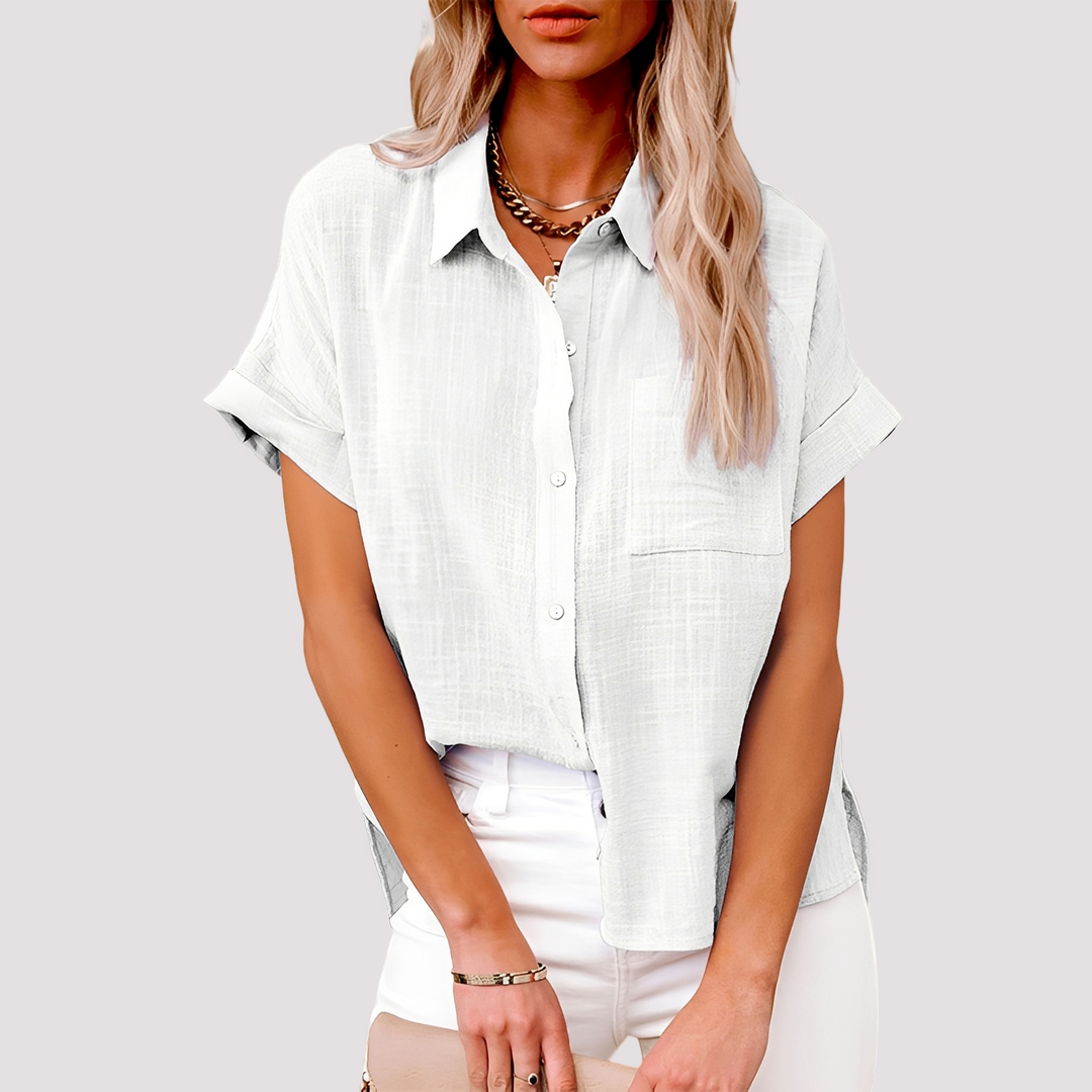 Blusa casual de manga curta para mulher, design folgado com bolso, ótima para o dia a dia.