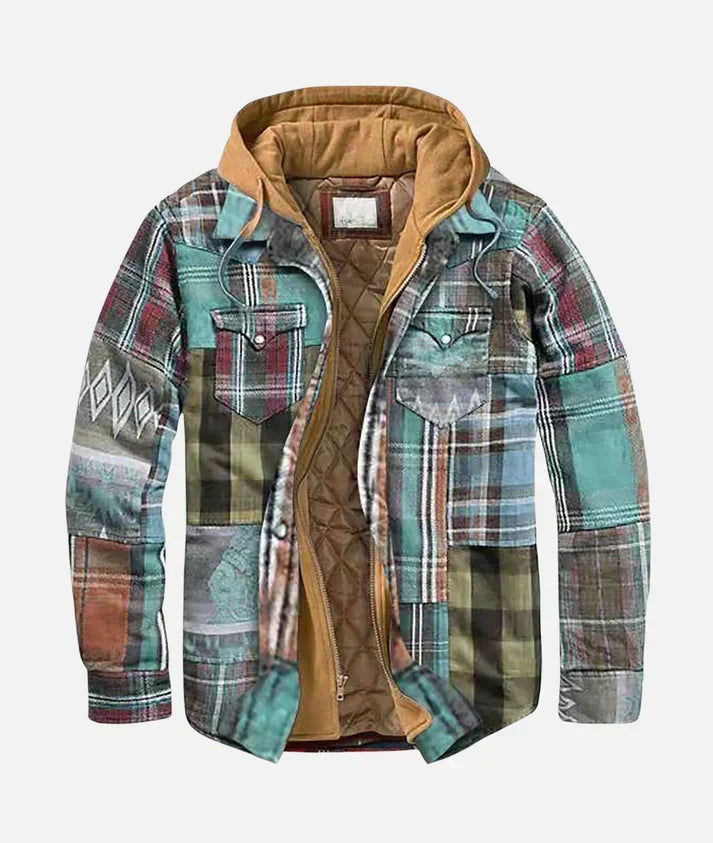 Casaco masculino xadrez patchwork. Estilo moderno para outono/inverno, combinando conforto e moda casual.