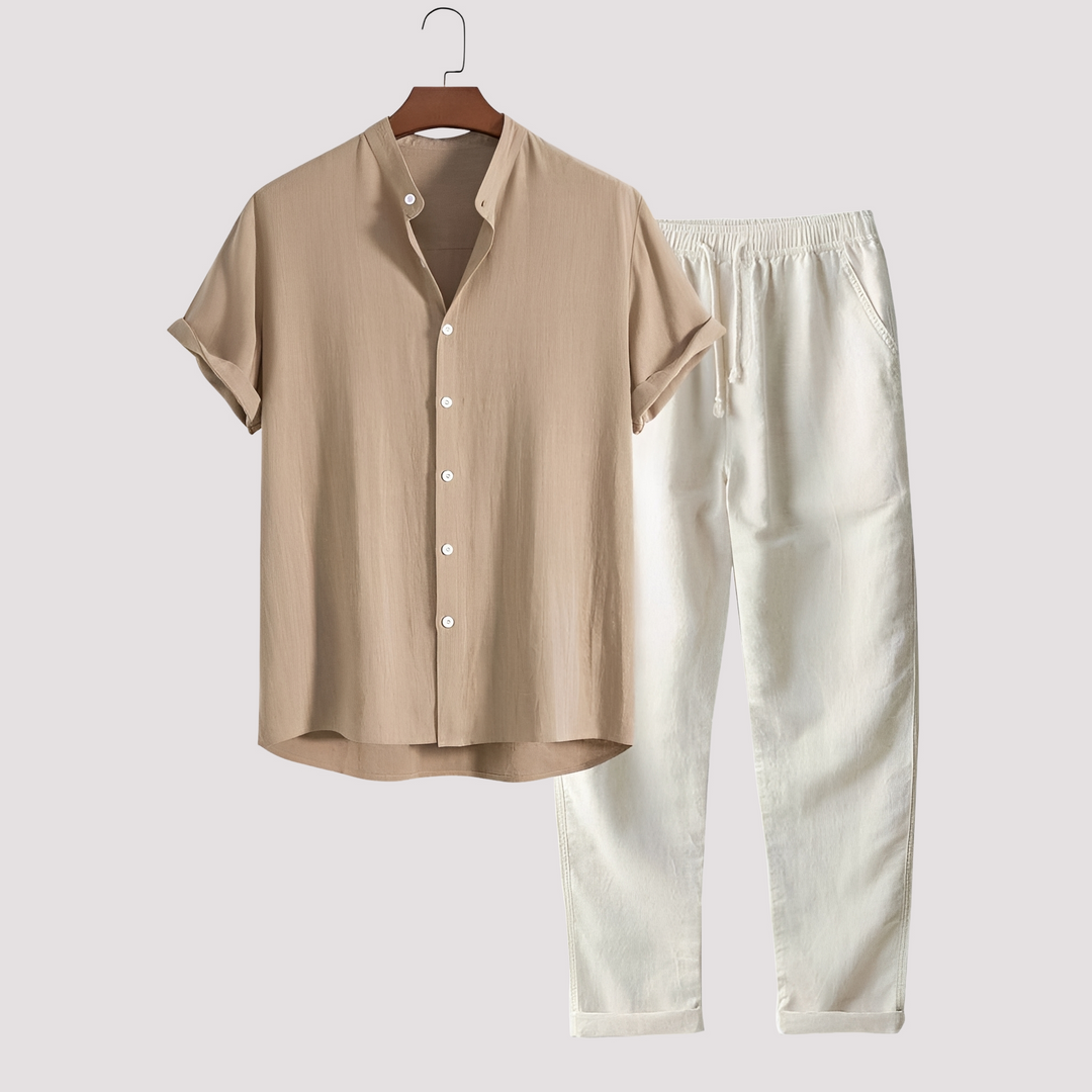 Conjunto masculino solto de duas peças, confortável e estiloso para o verão. Roupa casual perfeita para lazer e viagem.
