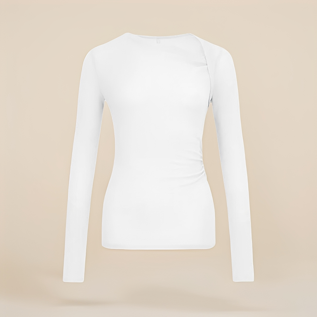 Camisa feminina elegante de manga longa, ideal como roupa de trabalho. Blusa estilosa para looks profissionais.