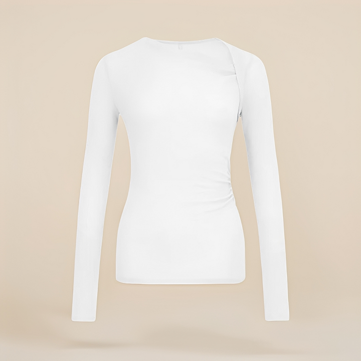 Camisa feminina elegante de manga longa, ideal como roupa de trabalho. Blusa estilosa para looks profissionais.