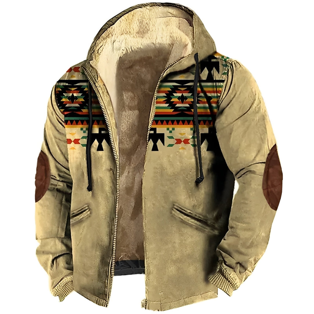 Casaco masculino estiloso de inverno com capuz e design étnico vibrante. Roupa quente para o frio.