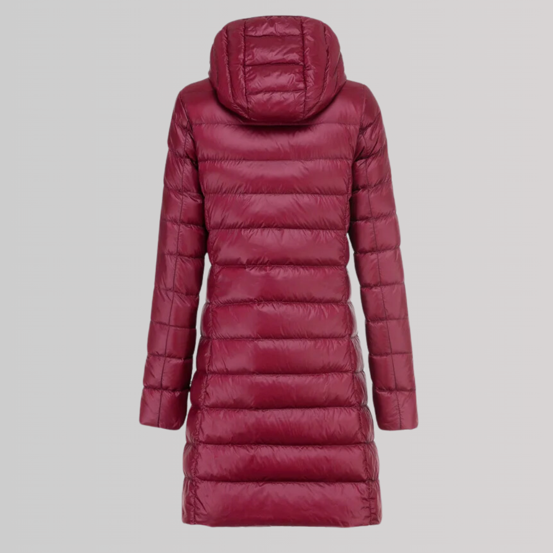 Jaqueta feminina longa e elegante, perfeita para um look moderno. Roupa de inverno versátil e leve.