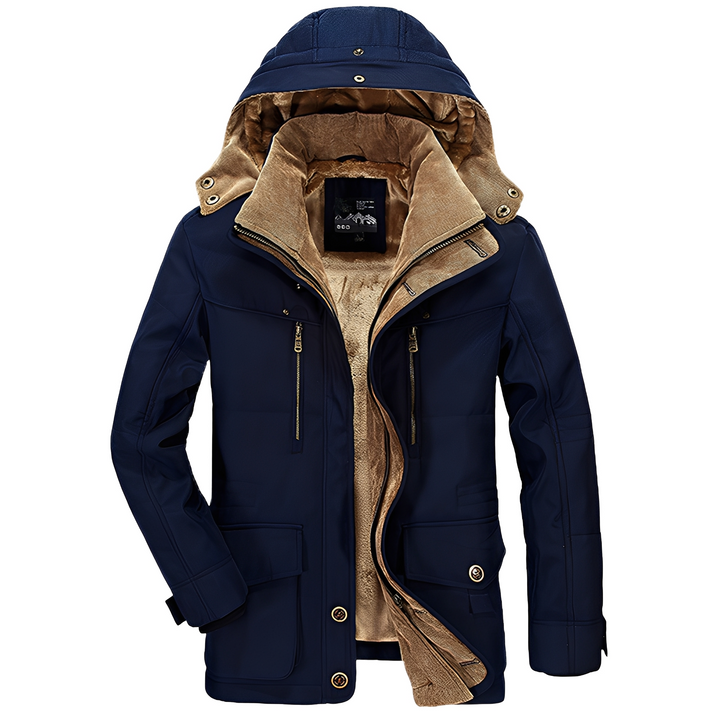 Casaco masculino grosso e quente para o inverno. Sobretudo elegante de moda masculina.