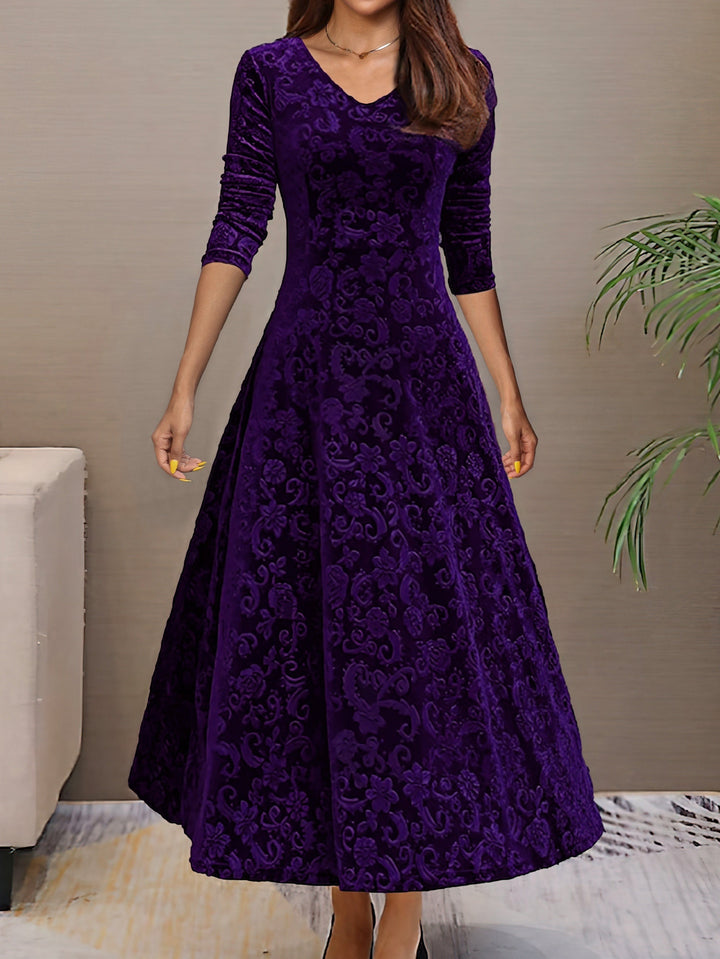 Vestido de festa sofisticado para mulher, decote V, mangas longas, estilo outono inverno, glamour.