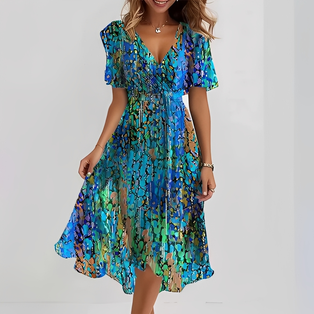 Vestido feminino casual de verão, estilo fluido midi. Confortável e moderno para moda feminina em cores vibrantes.