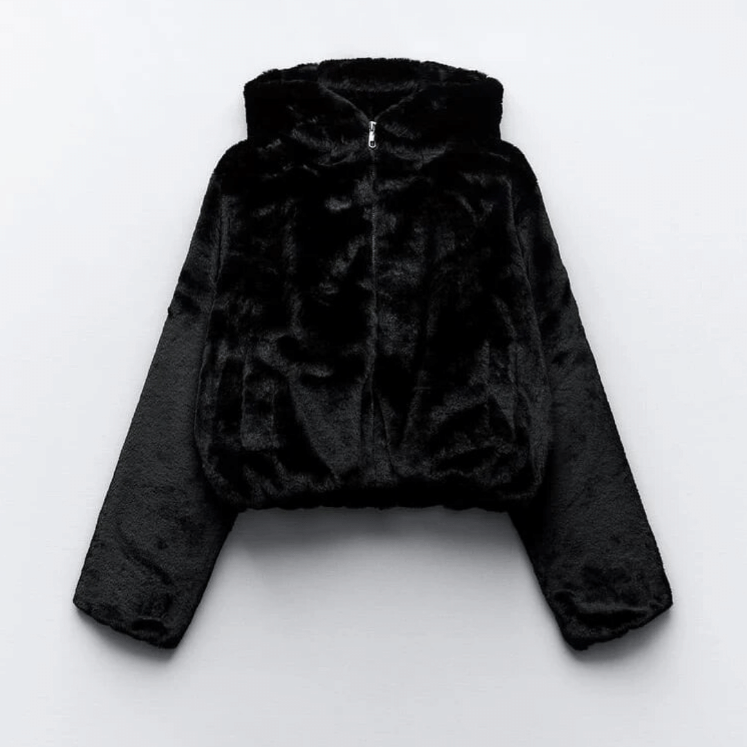 Casaco feminino elegante de inverno, preto, com conforto e estilo.