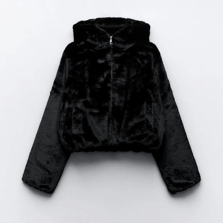 Casaco feminino elegante de inverno, preto, com conforto e estilo.
