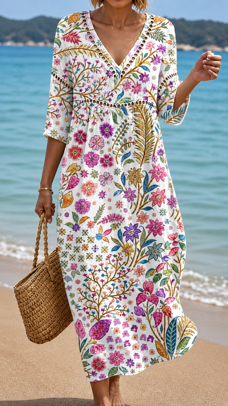 Vestido midi feminino floral suave, estampa vibrante, ideal para o verão casual e elegante com máximo conforto.