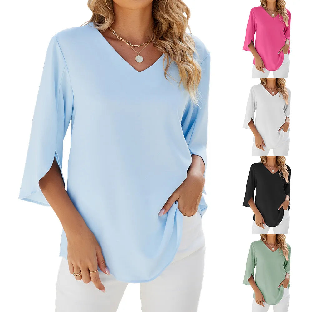 Top feminino de manga curta, decote V, perfeito para look casual de verão.