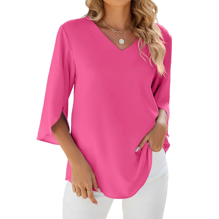 Elegante blusa feminina, decote V, manga curta, perfeita para moda verão.