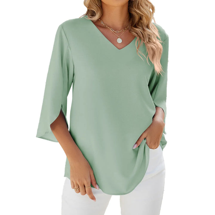 Top de verão feminino, elegante blusa de manga curta e decote V.