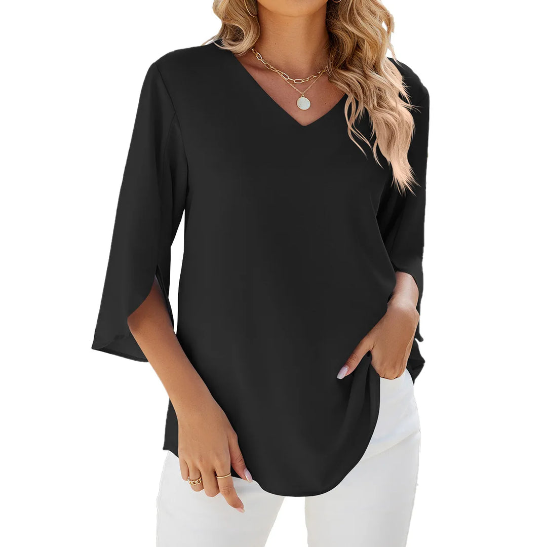 Blusa feminina moderna com decote V, manga curta, para ocasiões casuais.