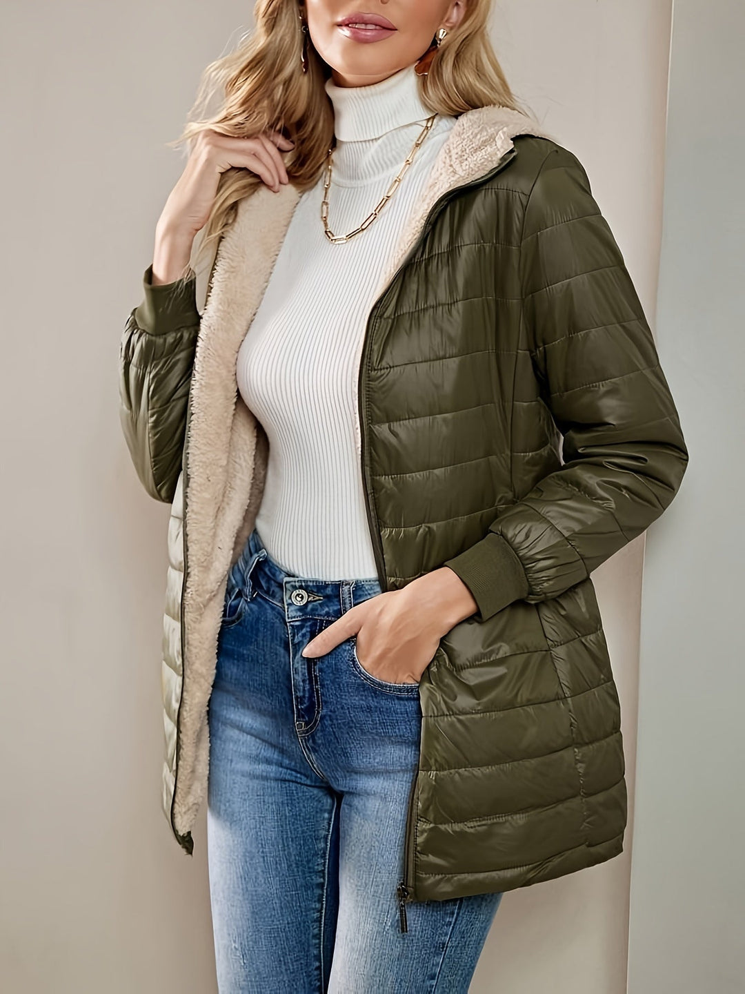 Jaqueta longa feminina para o inverno, perfeito para proteção e estilo casual elegante. Moda versátil.