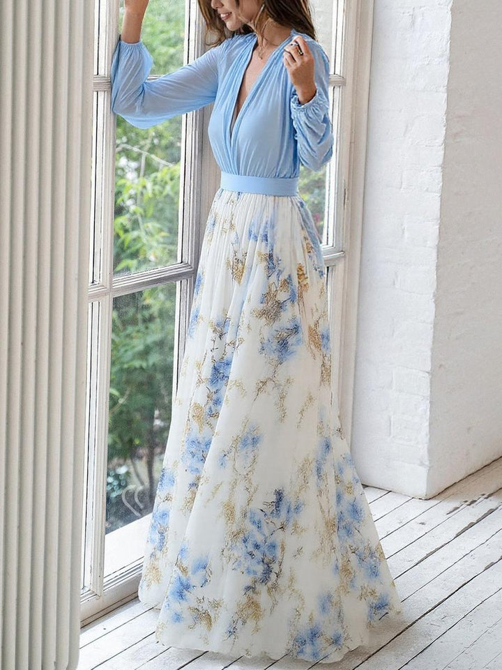 Vestido longo floral feminino com decote V, estilo casual chic, perfeito para primavera/verão, muito confortável.