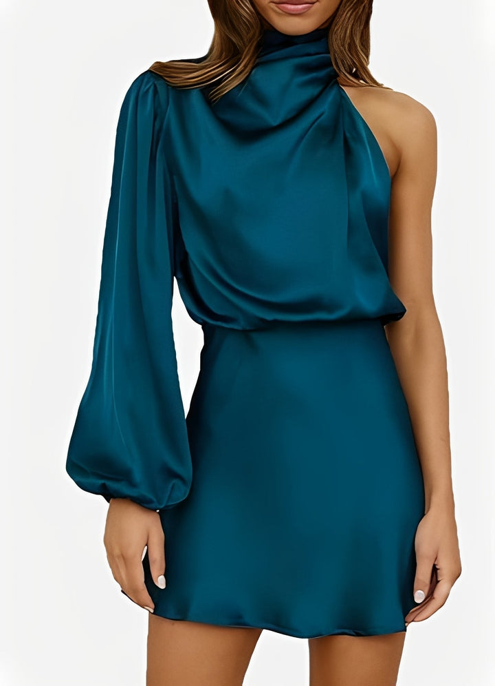 Vestido de festa feminino um ombro manga longa, formal e sofisticado para qualquer ocasião.