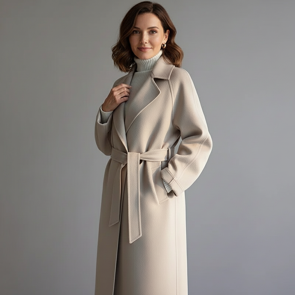 Casaco feminino comprido para look profissional e social, com cinto.