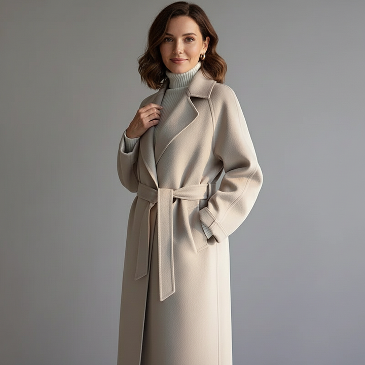 Casaco feminino comprido para look profissional e social, com cinto.
