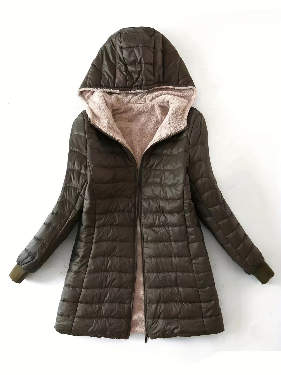 Casaco feminino longo e elegante, ideal para dias frios de outono/inverno. Peça versátil com zíper.