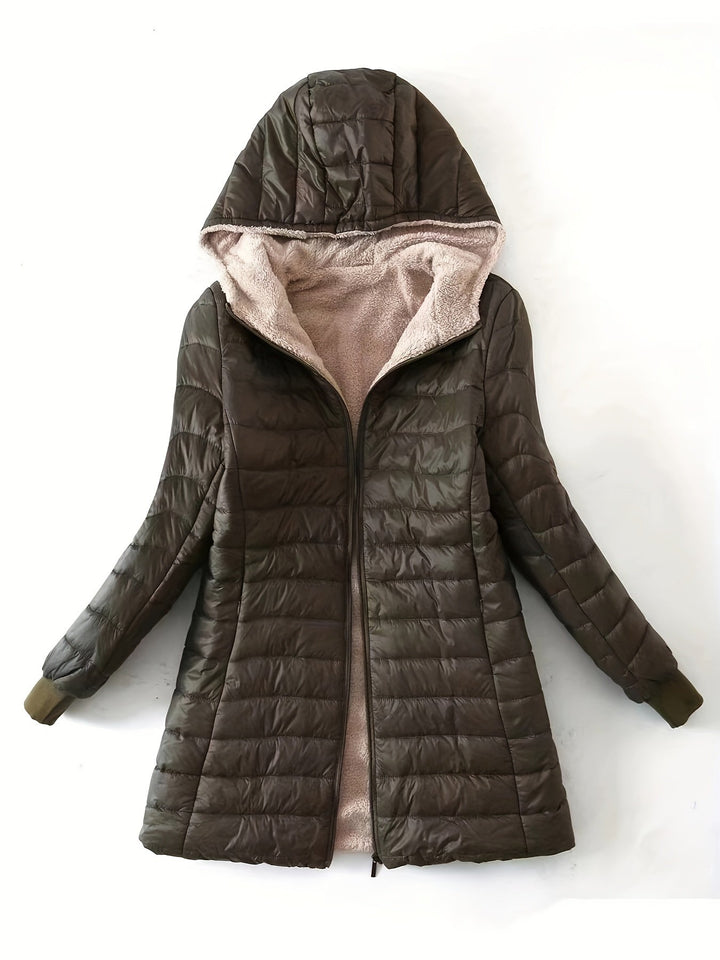 Casaco feminino longo e elegante, ideal para dias frios de outono/inverno. Peça versátil com zíper.