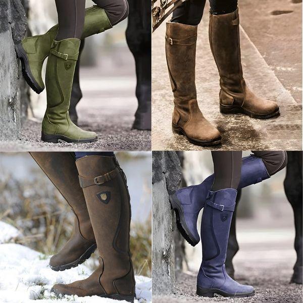 Botas femininas de equitação impermeáveis com fecho de zíper, oferecendo conforto e elegância para uso versátil.
