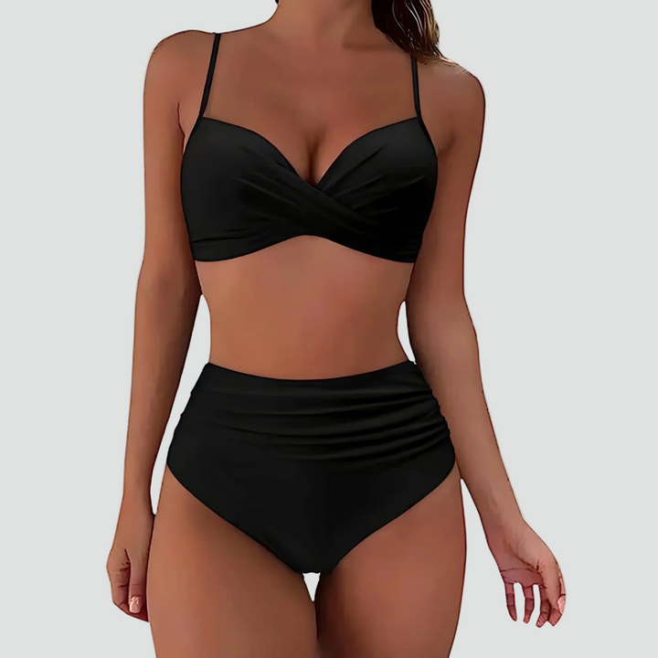 Conjunto de biquíni retrô feminino com cintura alta e bojo push-up. Perfeito para o verão e moda praia.