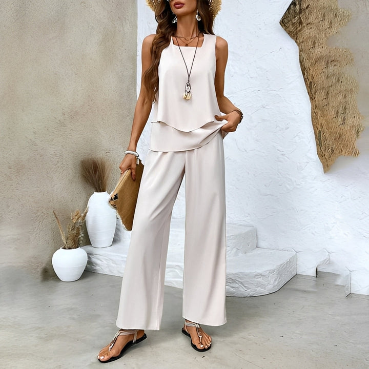 Conjunto feminino de verão elegante duas peças, moda casual chic para dias quentes.