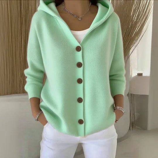 Cardigan colete feminino com capuz e botões. Roupa confortável para outono/inverno, disponível em tamanhos grandes.
