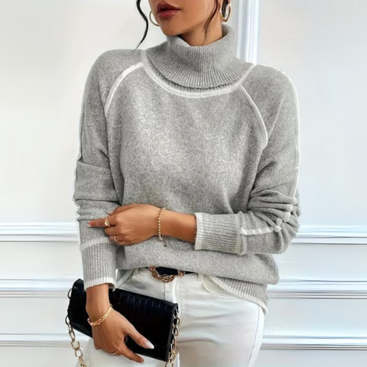 Suéter feminino elegante de gola alta e malha. Confortável para moda inverno casual, tendência em roupa feminina.