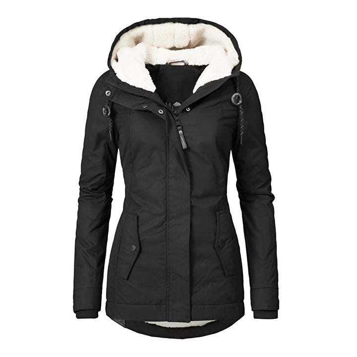Roupa feminina de inverno: casaco quente com capuz, impermeável e confortável, para estilo e proteção contra o frio.