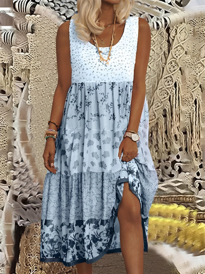 Vestido feminino boho com decote V e caimento fluido, ideal para o verão.