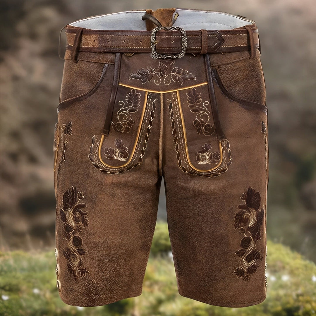 Shorts masculinos vintage marrom estilo Oktoberfest, ideal para festas e traje tradicional masculino.