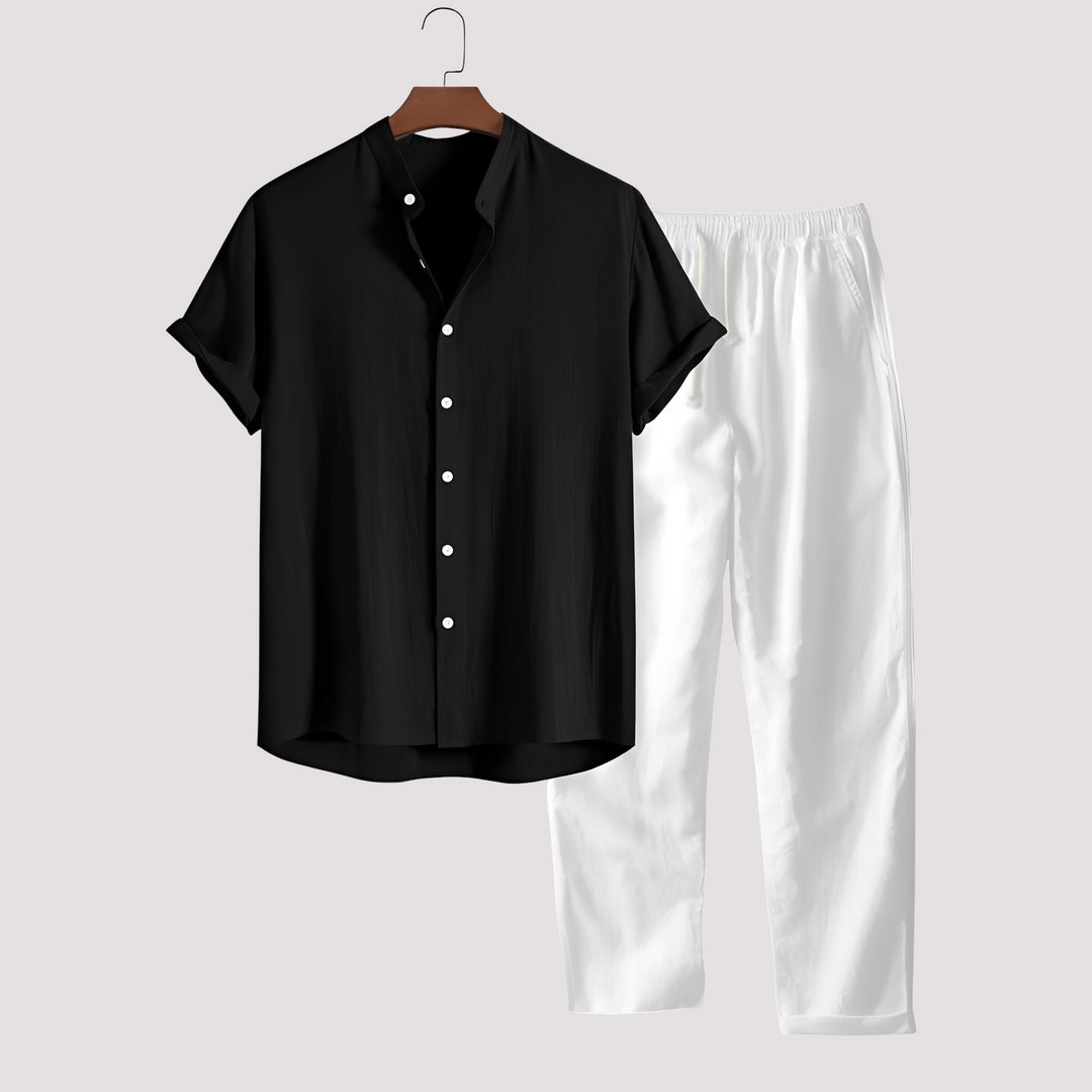 Conjunto de roupa masculina solta e confortável. Tendência de duas peças para o verão, ideal para lazer e viagem.