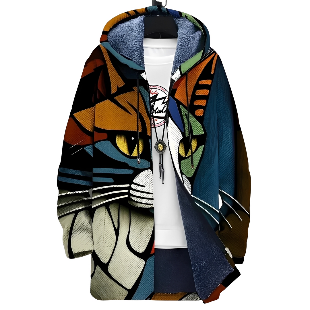 Jaqueta masculina estilosa com padrão único, ideal para outono/inverno. Conforto e versatilidade em moda casual.