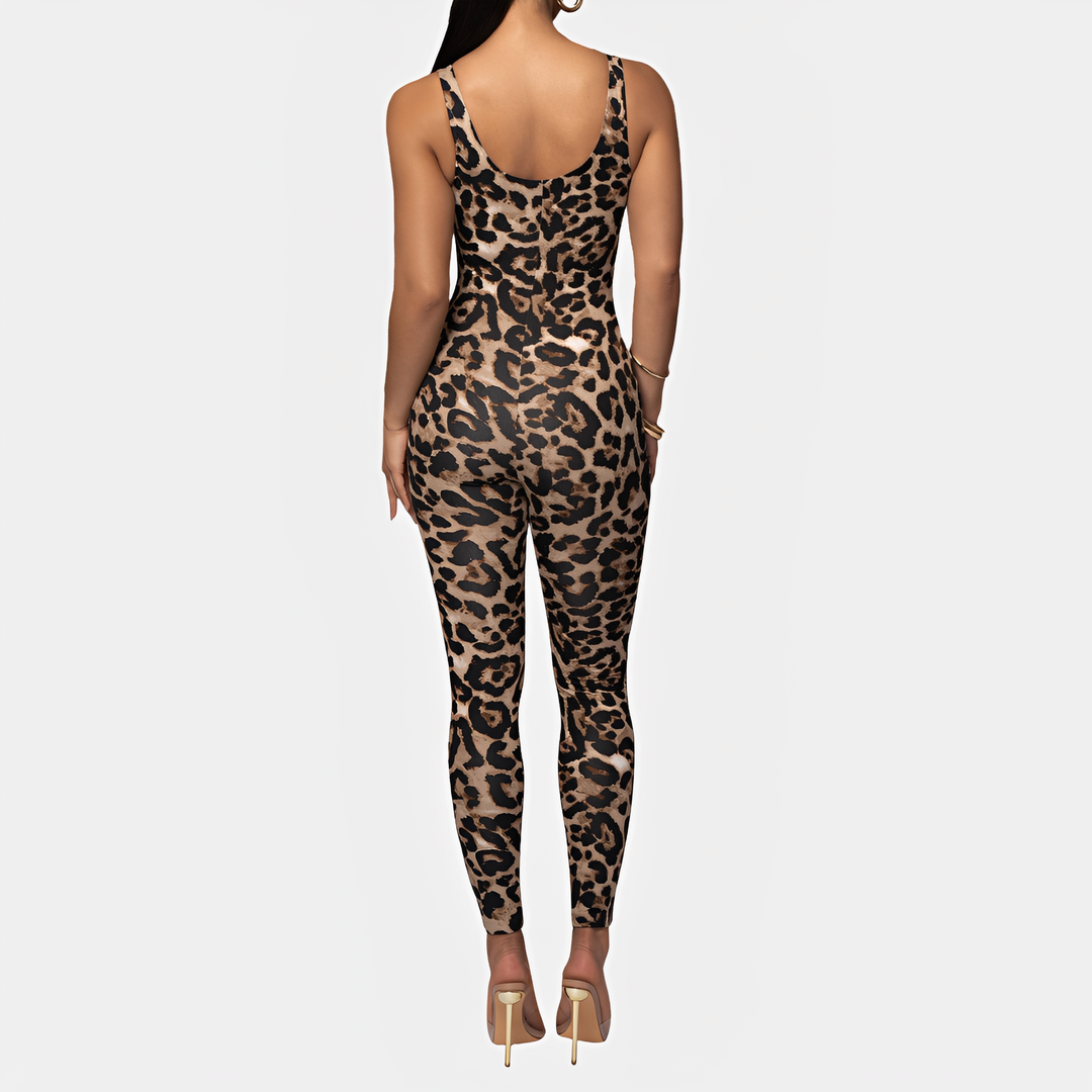 Jumpsuit feminino justo com estampa vibrante, ideal para o verão, roupa feminina casual chic.