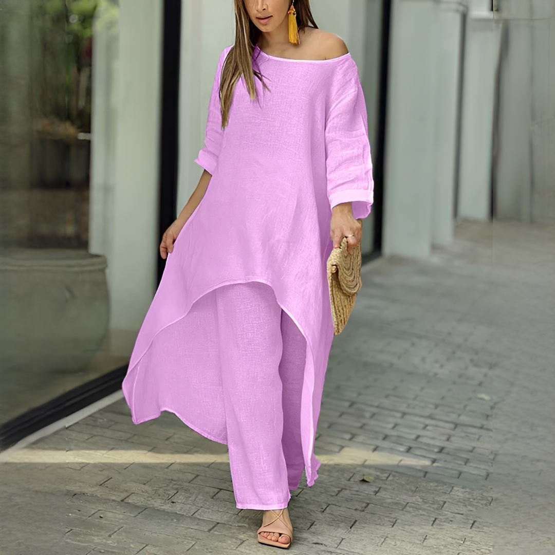 Conjunto feminino verão de duas peças, look descontraído e elegante. Moda comfy para viagens.