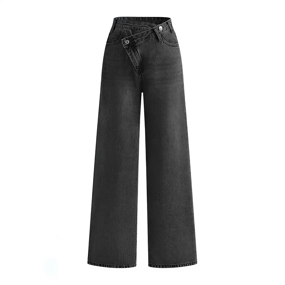 Calças femininas Jolina elegantes com cintura assimétrica e perna larga. Conforto e estilo casual para moda primavera/verão.