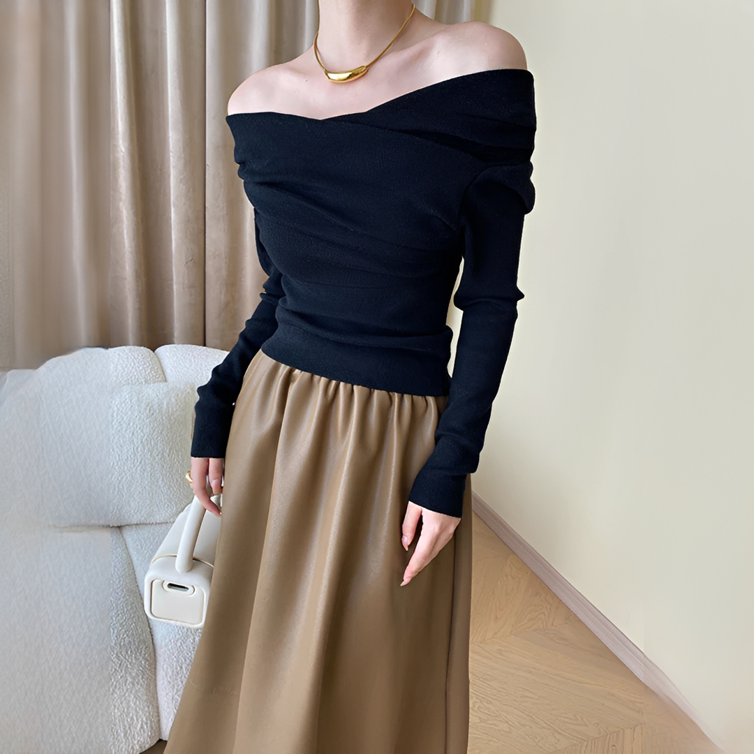 Blusa sem ombros feminina, manga longa, perfeita para um look casual chic de primavera. Elegância e conforto em um só top.