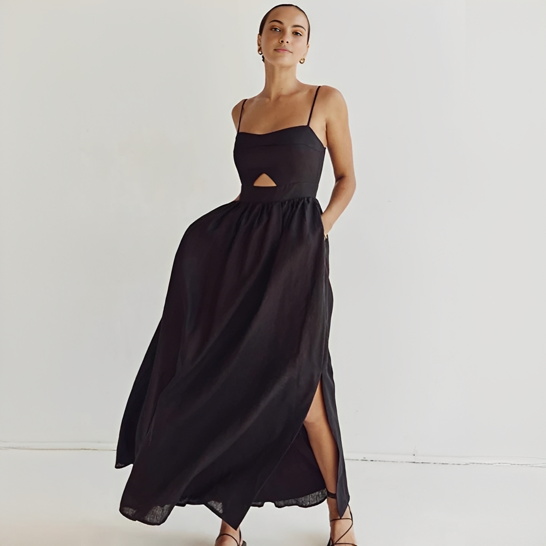 Vestido longo feminino elegante para verão, sem mangas, ideal para look dia e moda praia chique.