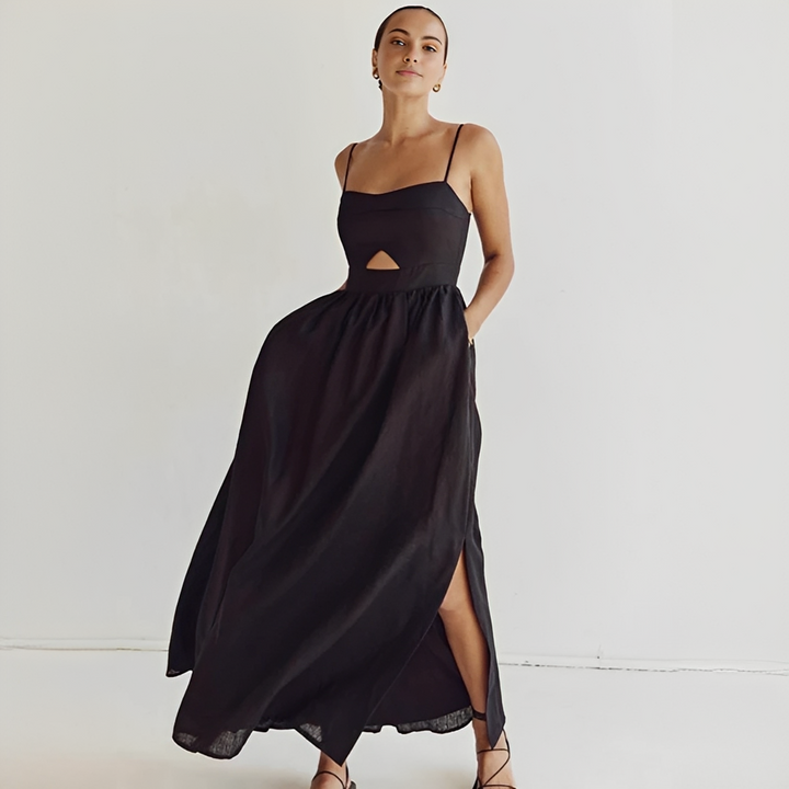 Vestido longo feminino elegante para verão, sem mangas, ideal para look dia e moda praia chique.