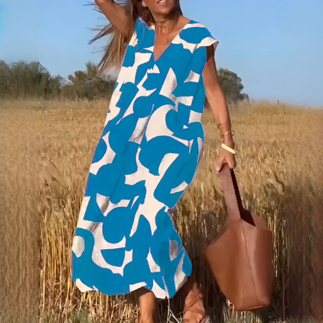 Vestido feminino de verão casual, decote V e ajuste solto. Moda confortável para o dia a dia.