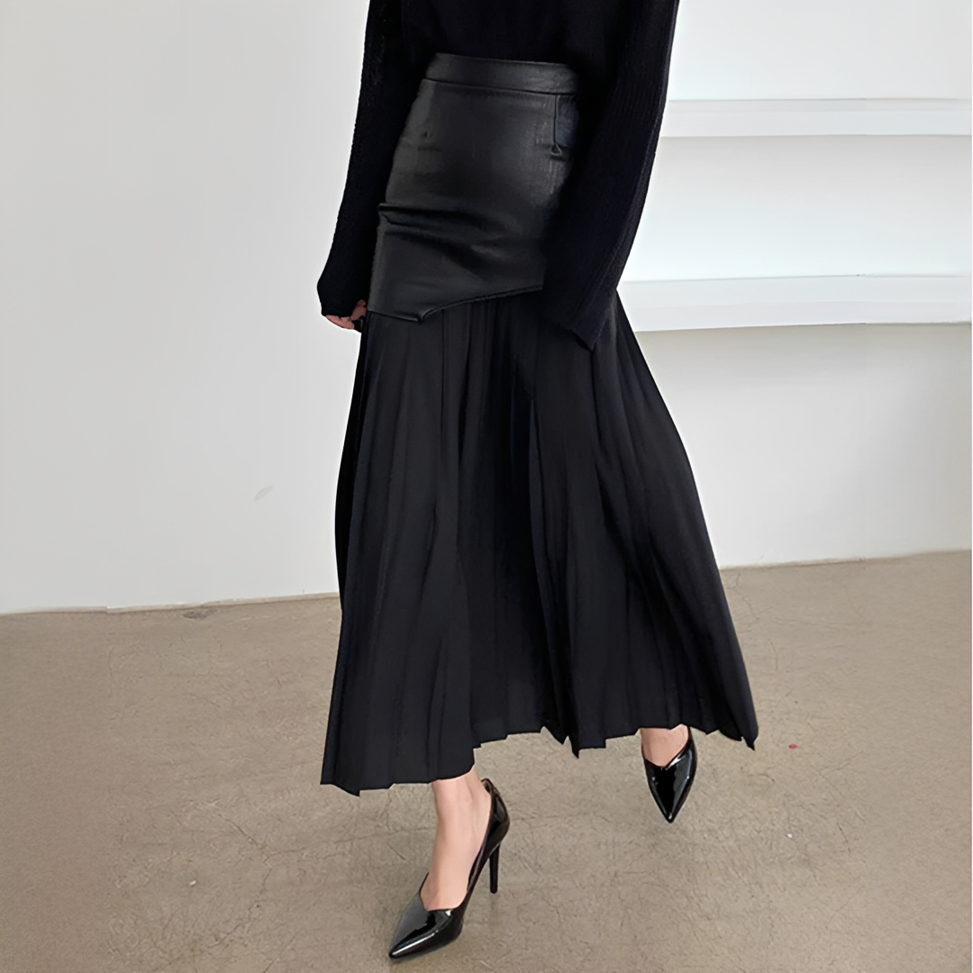 Saia maxi assimétrica feminina preta, elegante e versátil para verão e ocasiões casuais chique.