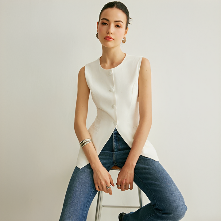 Roupa feminina versátil: colete elegante sem mangas para moda casual e vestuário de primavera.
