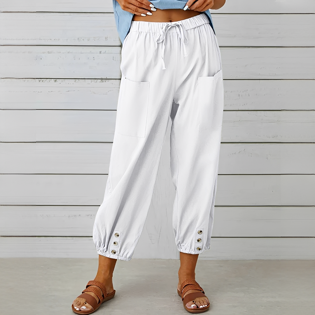 Calças cropped femininas Scarlett casuais, perfeitas para o verão com cordão e caimento leve.