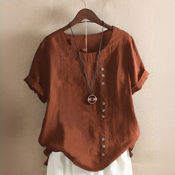 Roupa feminina casual, blusa de verão Yasmin, manga curta, decote redondo, perfeita para o dia a dia.