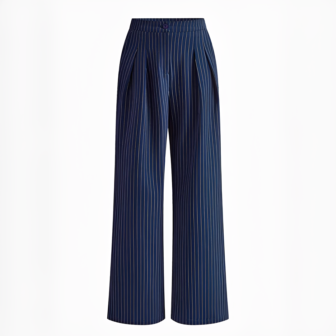 Calças largas femininas azul marinho plissadas, perfeitas para um estilo casual ou elegante no verão. Conforto e moda.