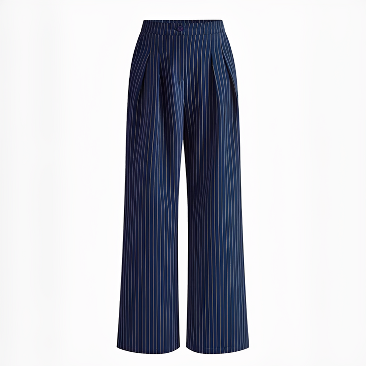 Calças largas femininas azul marinho plissadas, perfeitas para um estilo casual ou elegante no verão. Conforto e moda.