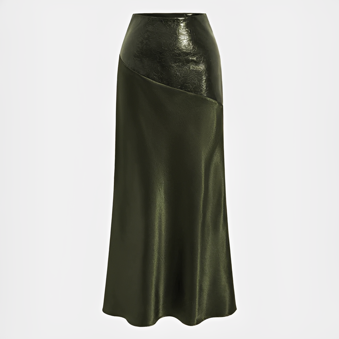 Roupa feminina: Saia Viviana elegante, com brilho sutil, assimétrica. Uma peça moderna para outono/noite.